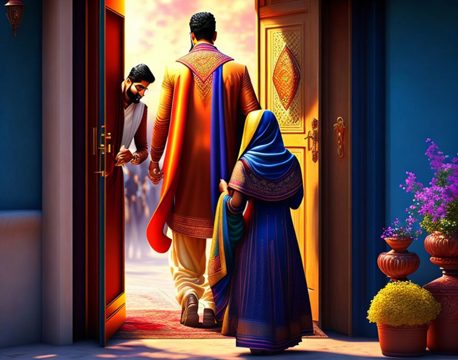 Vibrant Indian characters entering a traditional house