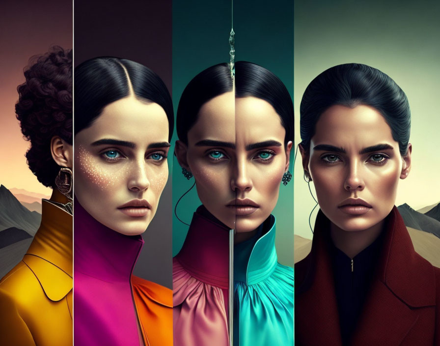 Three stylized female portraits with varying expressions and colorful outfits.