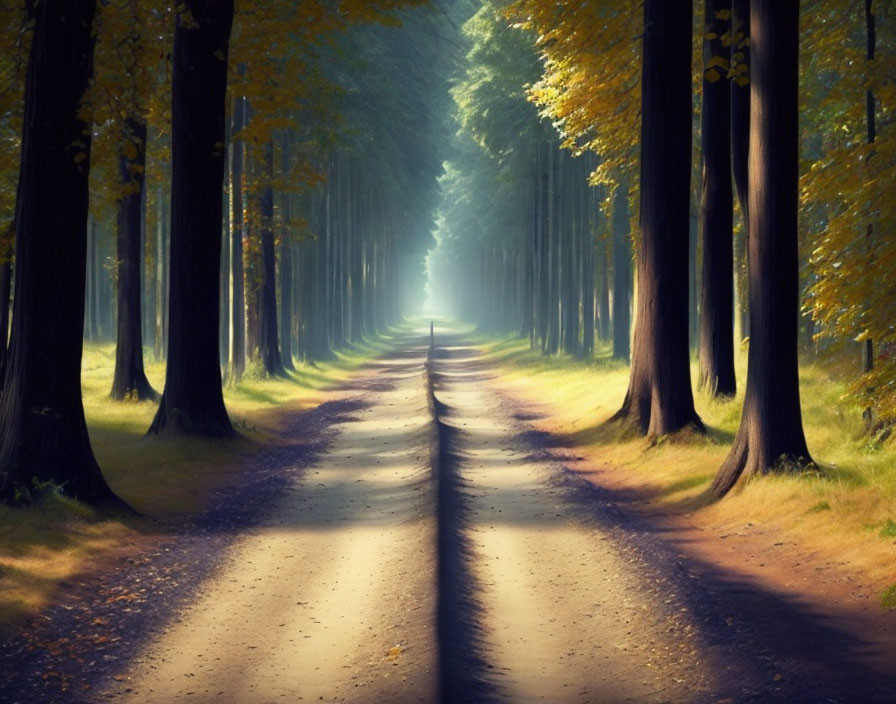 Tranquil tree-lined path under soft sunlight