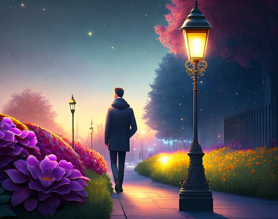 Man walking along path with vintage lamppost and flowers under twilight sky