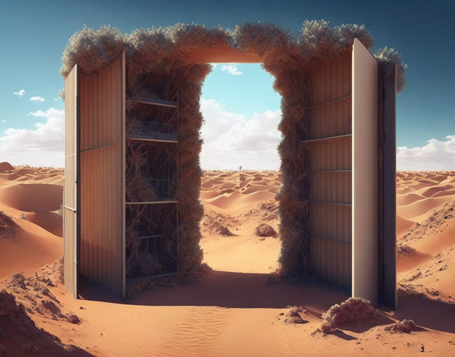 Book-shaped wooden ladder structure in desert with greenery edges