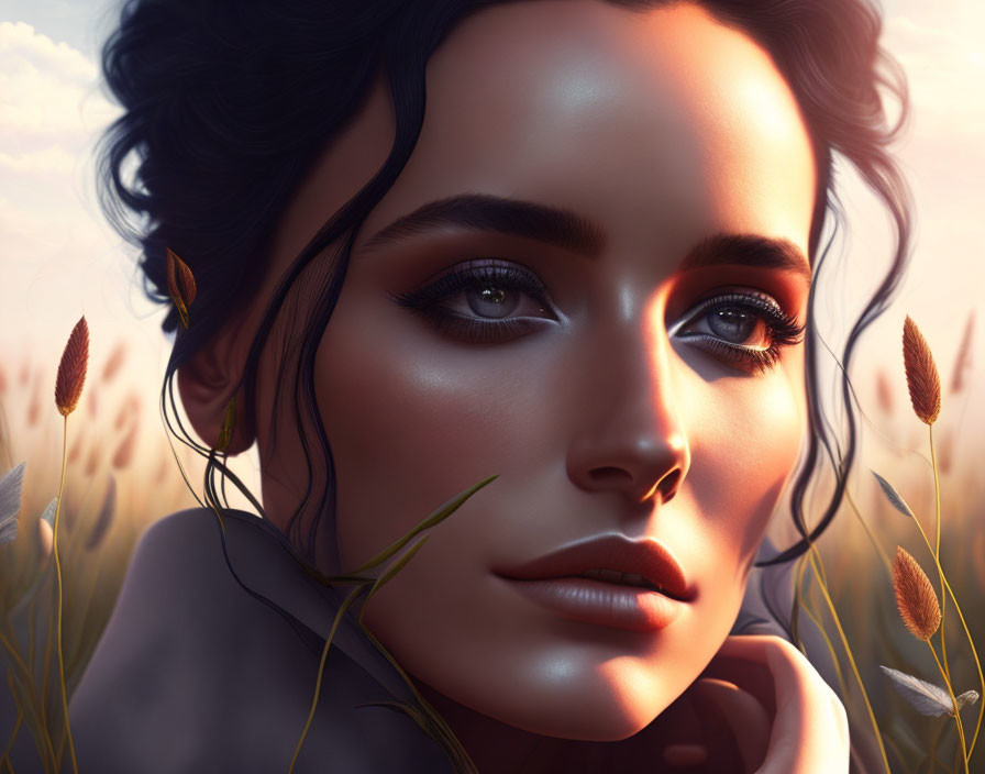 Detailed close-up of dark-haired woman in field at sunset with soft light.