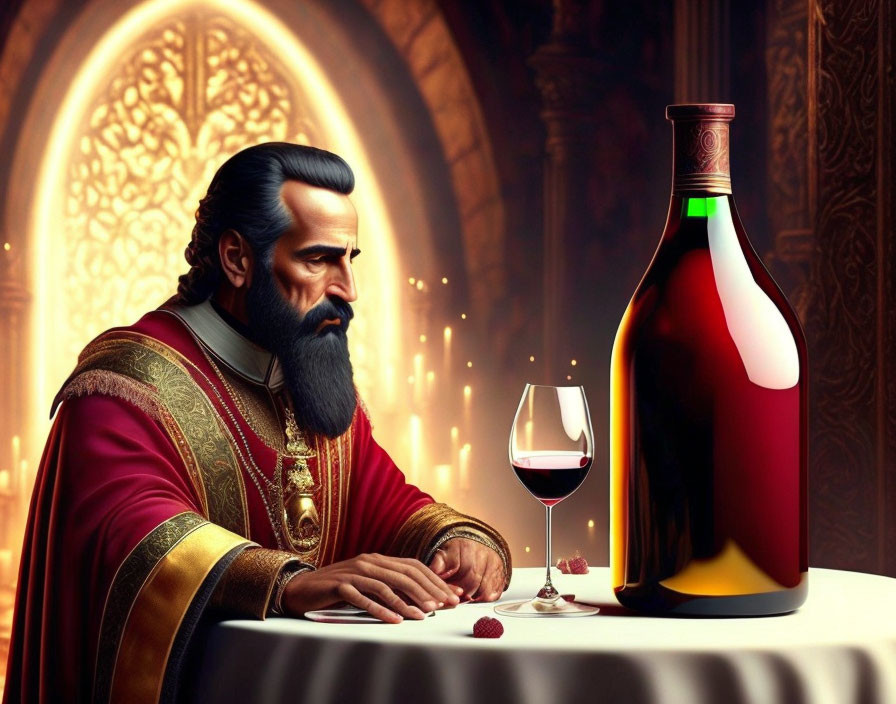 Bearded man in royal attire with wine and raspberries in grand hall