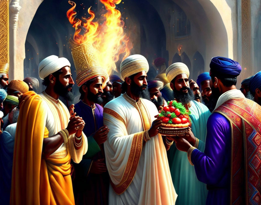 Colorful digital artwork of men in traditional attire with turbans holding a flaming artifact in a grand hall