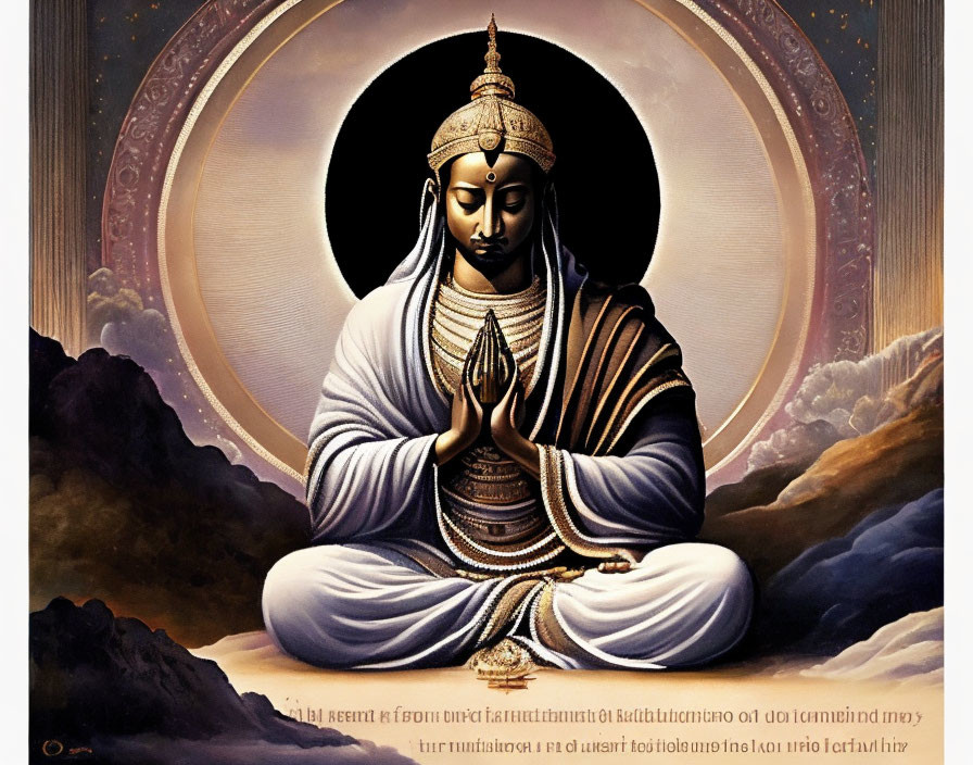 Meditating figure in ornate attire against cosmic backdrop