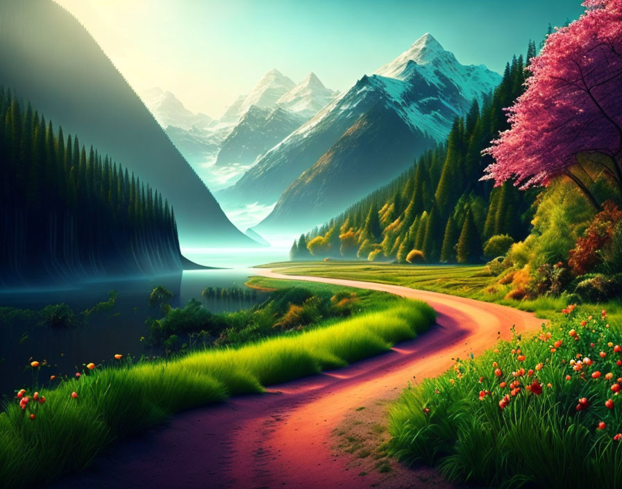 Scenic dirt path in lush valley with pink tree and mountains.