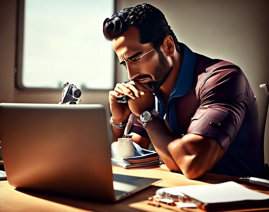 Illustration of bearded man at desk with laptop, notebook, and coffee cup