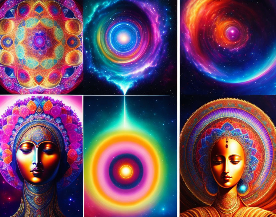 Six Vibrant Cosmic and Hindu-Inspired Art Images with Mandalas and Deity Depictions