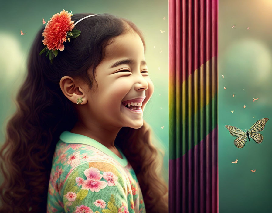 Young girl with flower smiling in surreal background