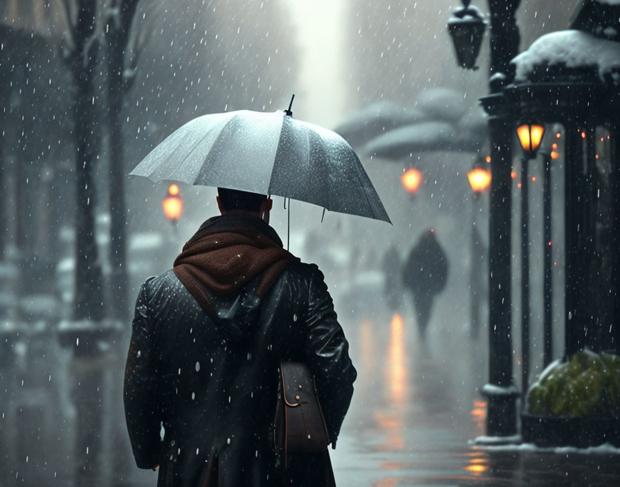 Person with umbrella walking on snowy city street under glowing lamps