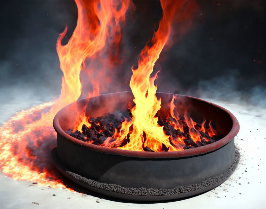 Bright orange flames in circular fire pit against smoky background