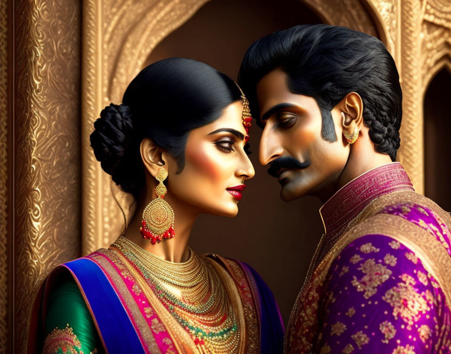 Traditional Indian couple in detailed attire and gold jewelry against ornate background