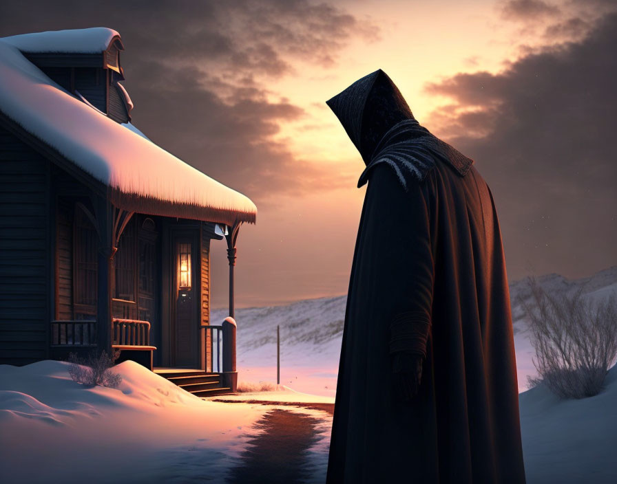 Cloaked figure by snow-covered cabin at dusk