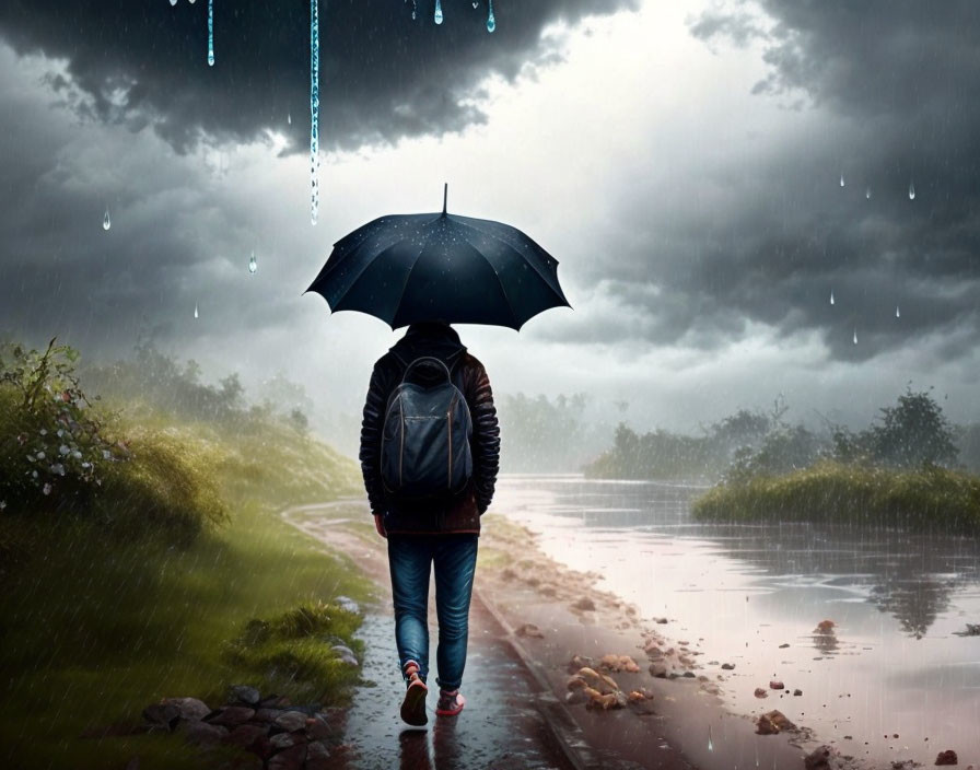 Person walking with backpack under umbrella in rainstorm.