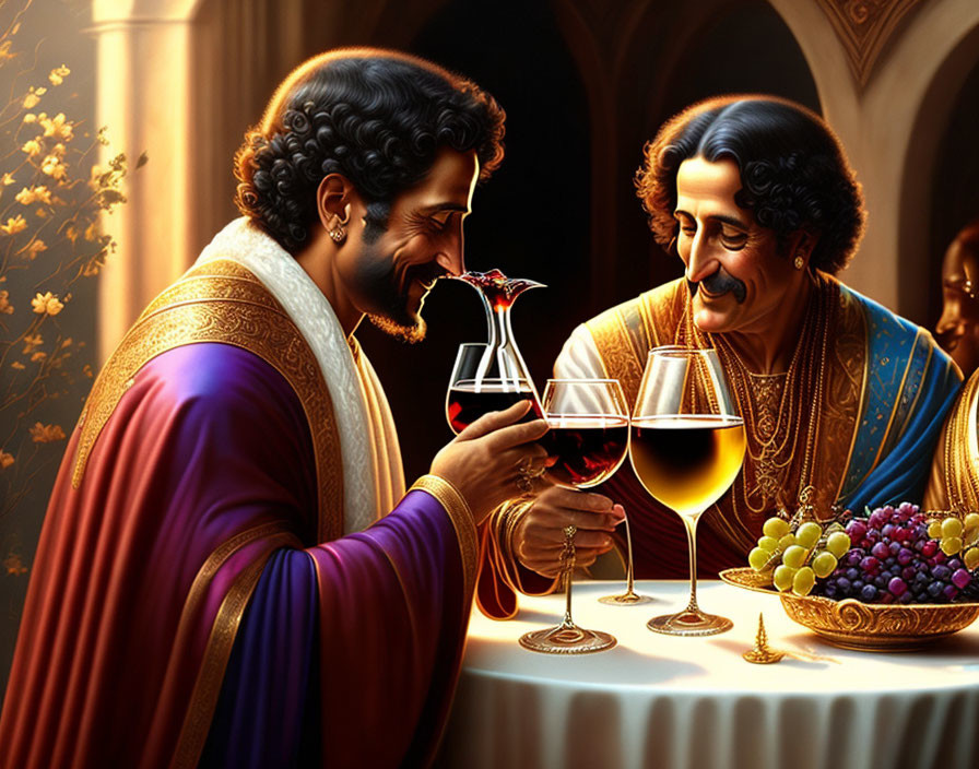 Men in historical attire toasting with wine glasses in luxurious room