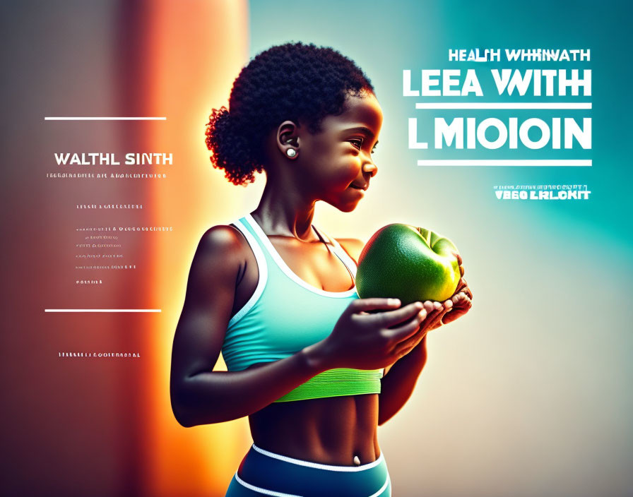 Young girl in athletic wear holding green apple with health and fitness text on colorful background