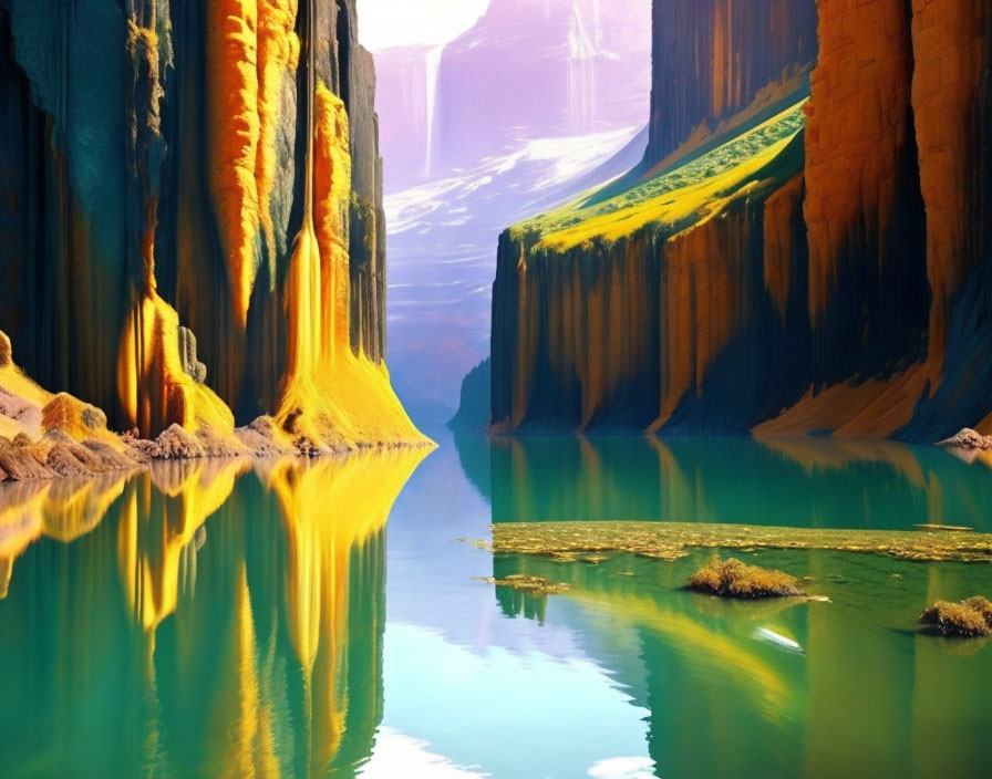 Colorful cliffs reflecting in calm water in serene canyon