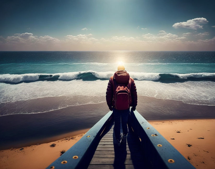 Person on wooden pier watching serene ocean sunset