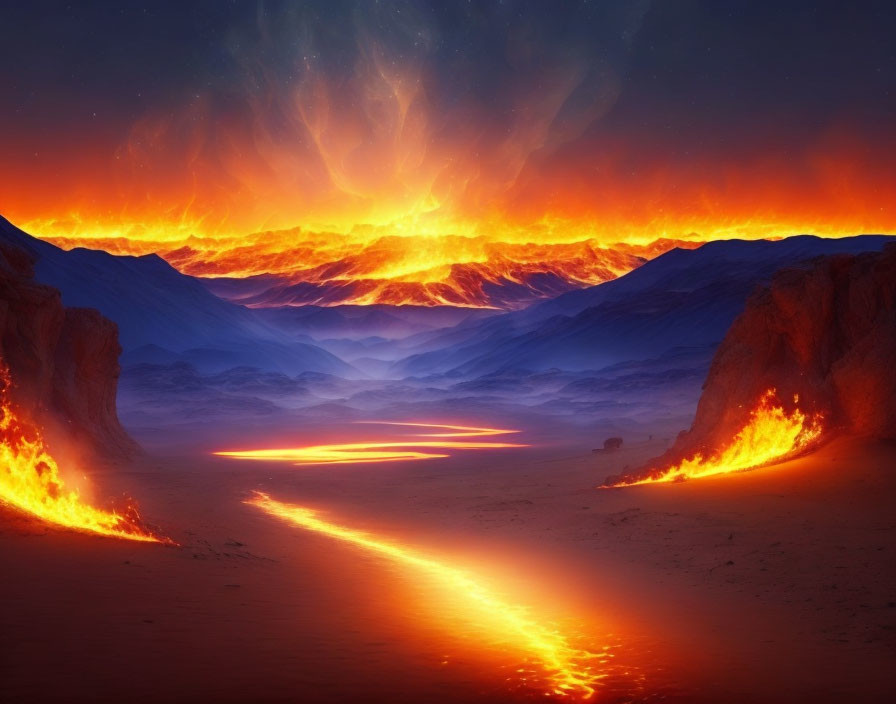 Barren landscape with lava flows, fiery mountains, and swirling orange sky