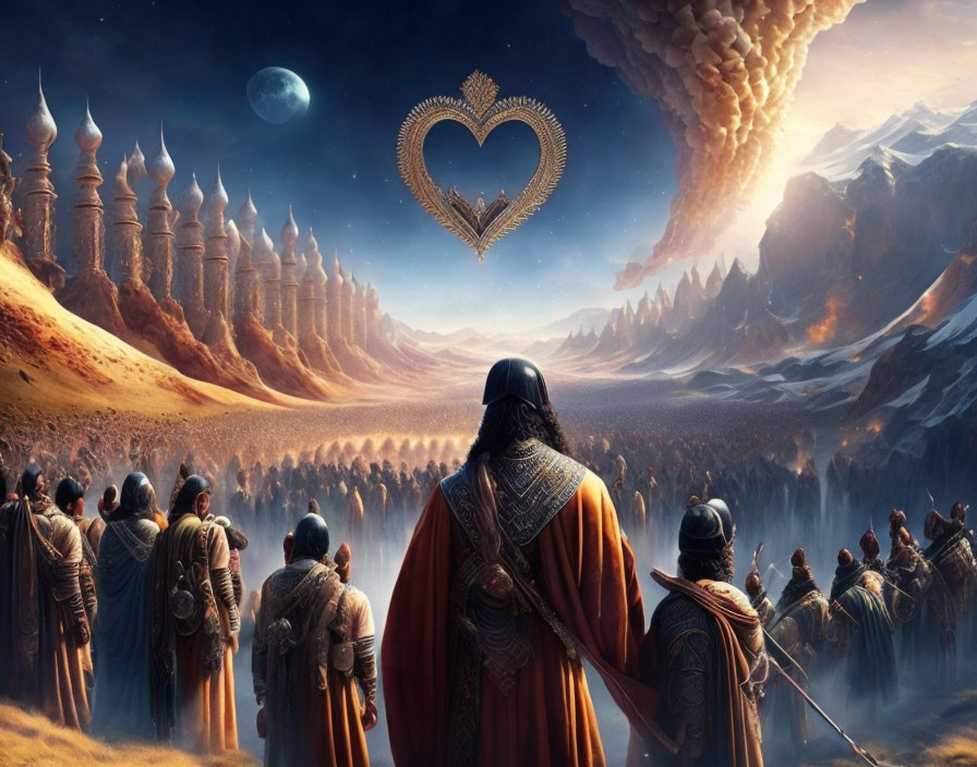 Army and cloaked figure under moon with heart-shaped emblem in fantasy scene