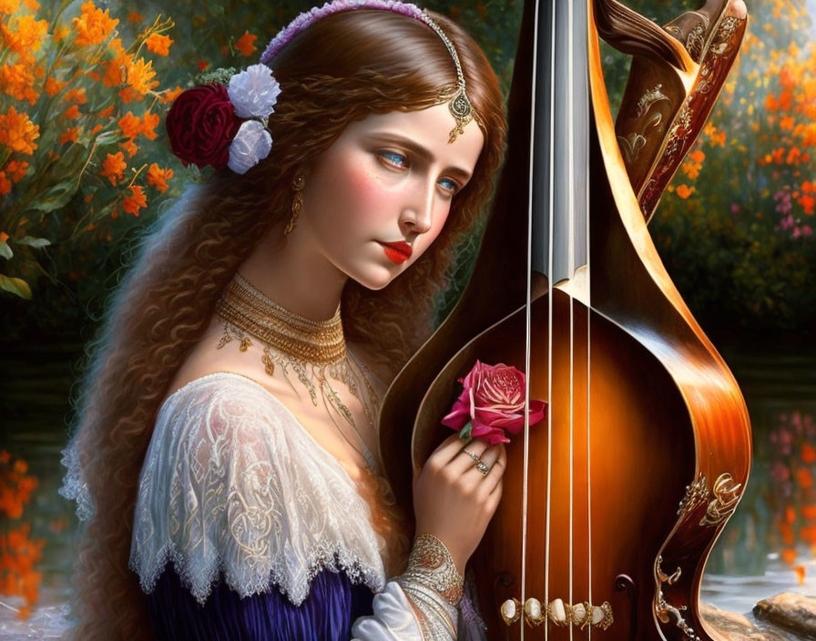 Contemplative woman with rose and cello in vivid floral setting