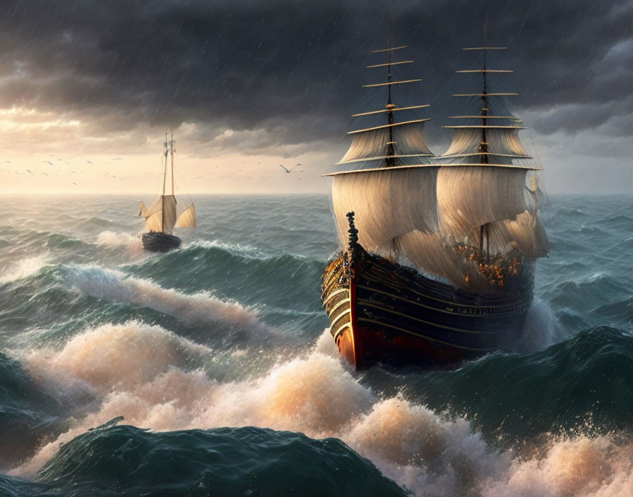 Majestic sailing ships in turbulent stormy seas