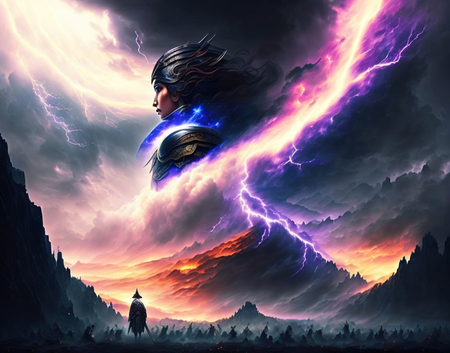 Warrior with glowing shield confronts electric storm in digital art