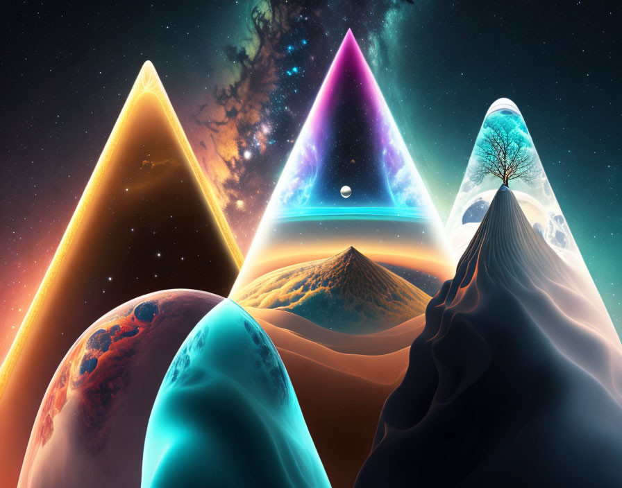 Five Pyramid-Shaped Portals Revealing Diverse Worlds