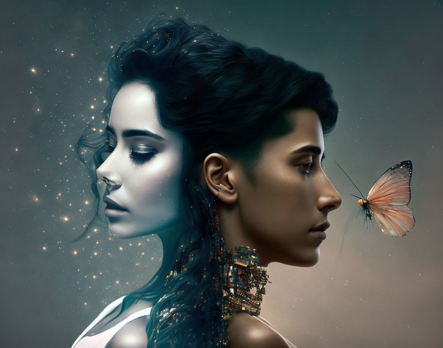 Digital artwork: Man and woman in profile with cosmic backdrop and butterfly connection