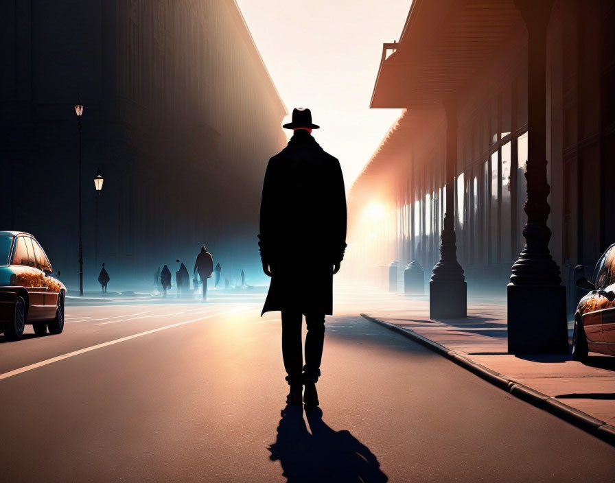 Sunlit Street Scene with Silhouetted Figure in Hat and Coat