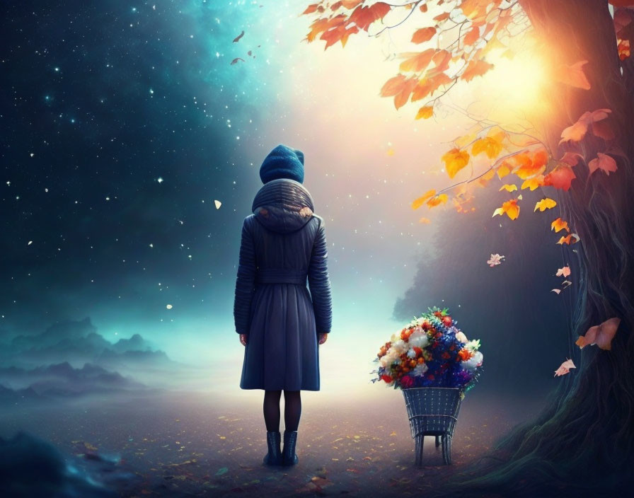 Person standing by autumn tree under vibrant cosmic sky with flowers basket