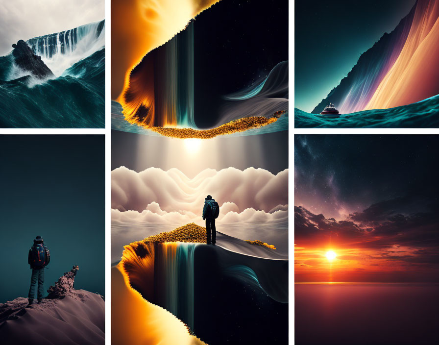 Surreal landscape collage with waterfalls, auroras, lone figure, and starry sunset