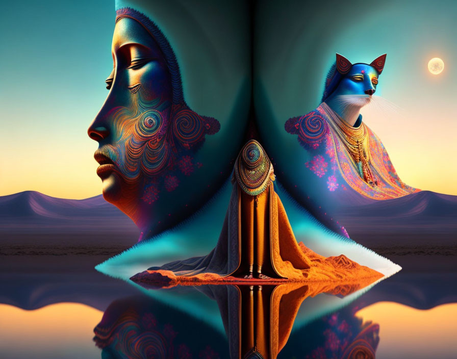 Surreal artwork featuring woman's face, cat-like figure, desert landscape, moon