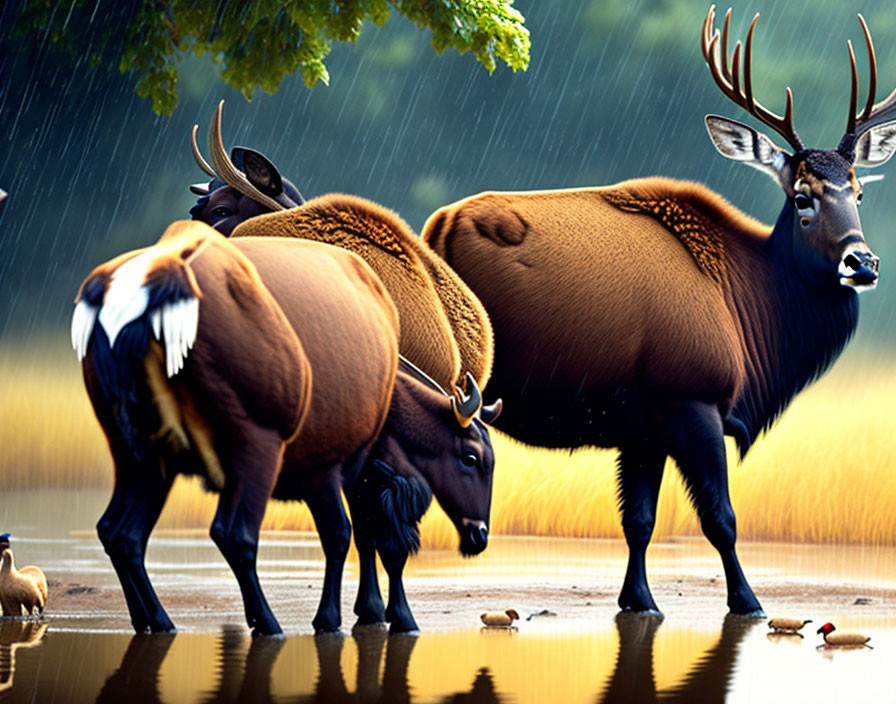 Elk herd in shallow water under rain shower with prominent antlers in lush landscape