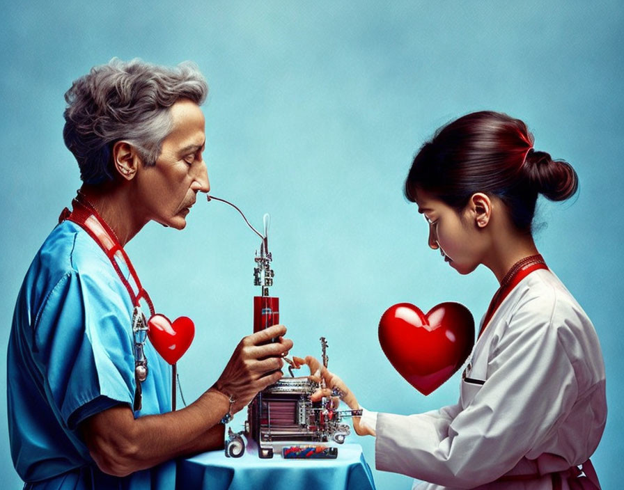 Female doctor with gray hair smoking pipe next to younger female working on mechanical heart.