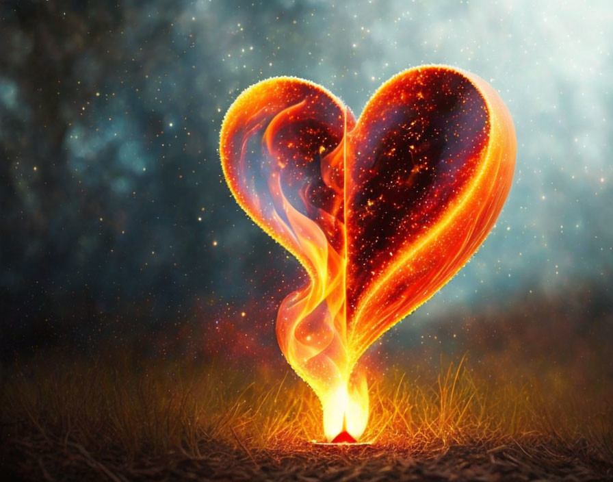 Vibrant fiery heart shape against starry night backdrop