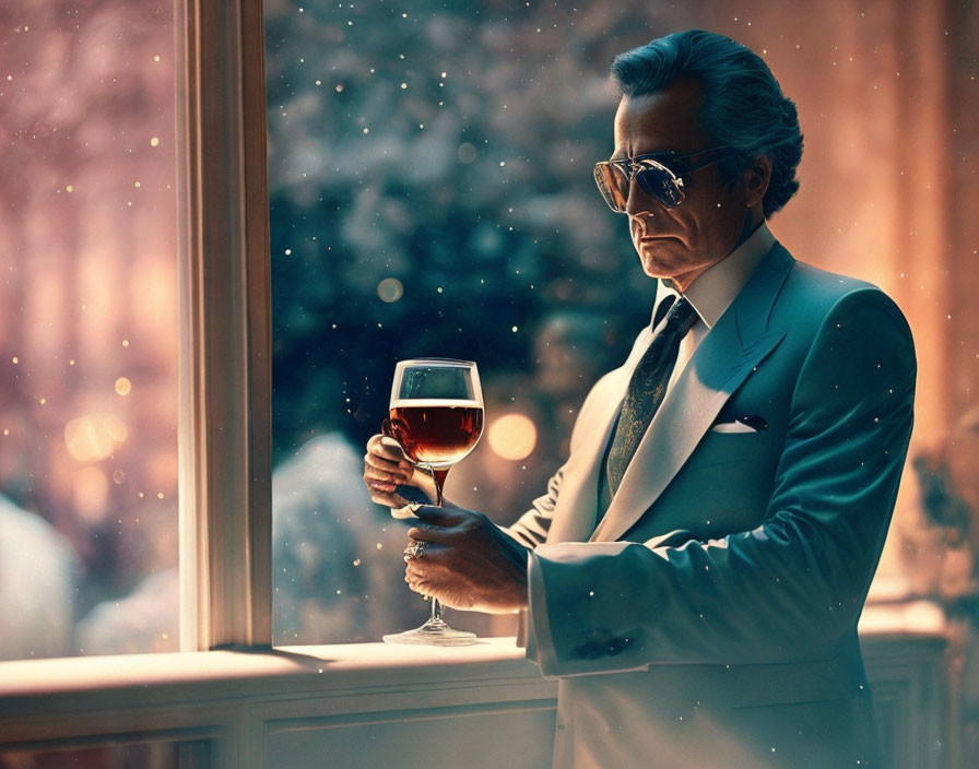 Sophisticated person in suit with wine glass by snowy window.