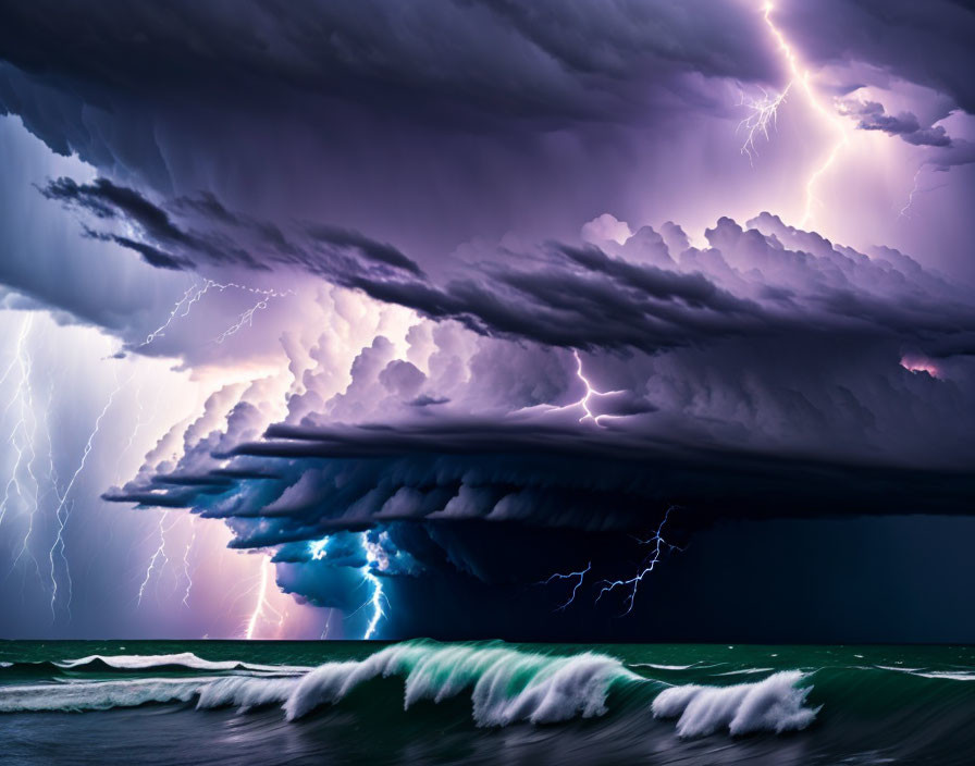 Stormy Ocean Scene: Lightning Strikes and Menacing Clouds