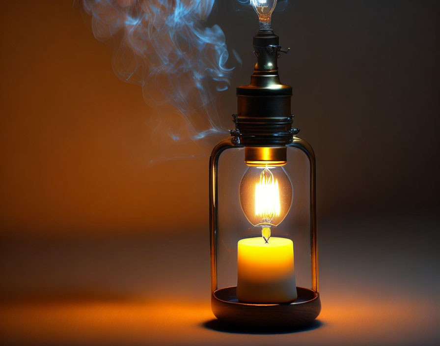 Vintage lantern with glowing bulb powered by candle in warm, dark setting