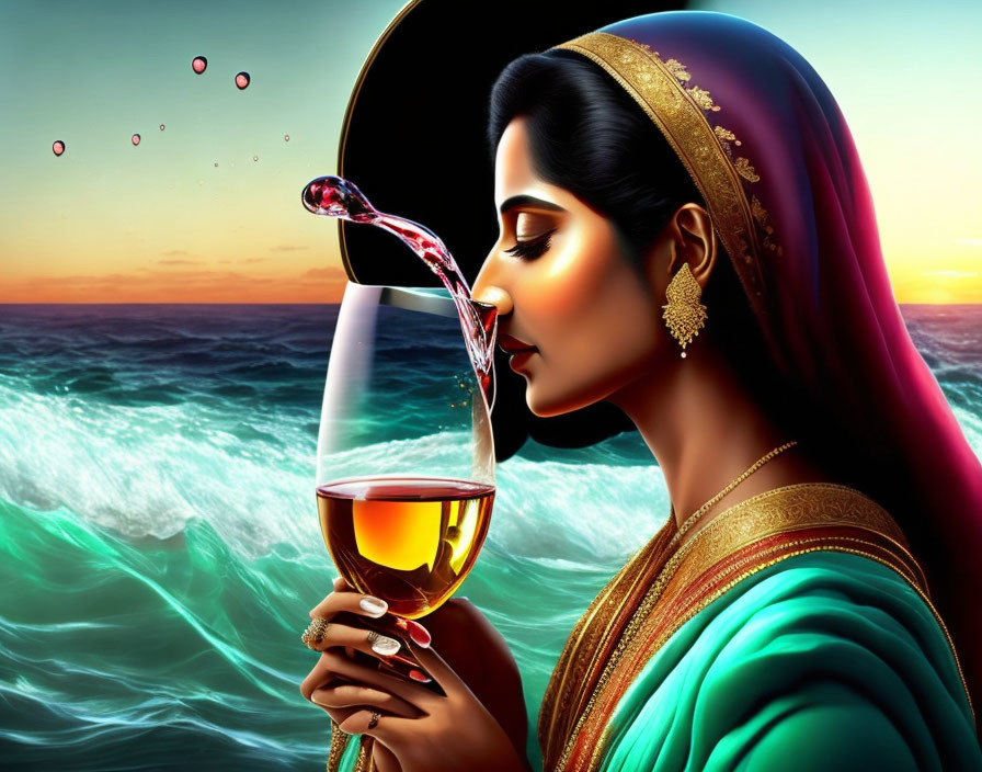 Illustrated woman in Indian attire pouring liquid against ocean sunset.