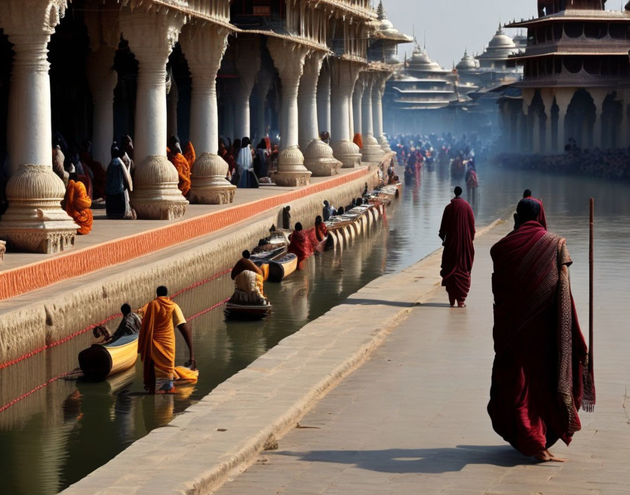 Monks in traditional attire by reflective water with ornate pillars and arches