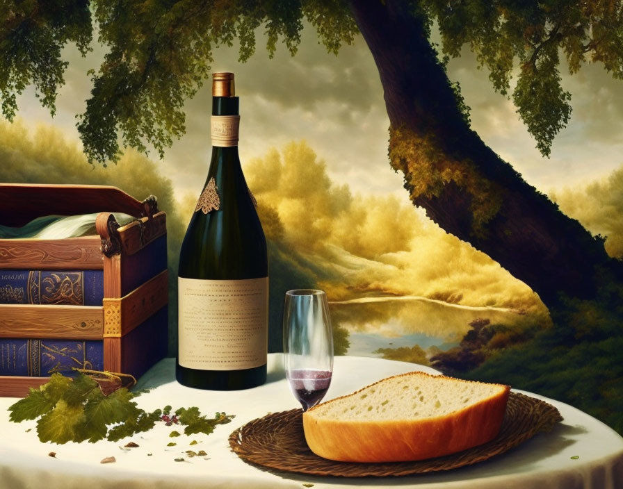 Tranquil picnic setting with wine, bread, books, grapes, under tree, cloudy sky.