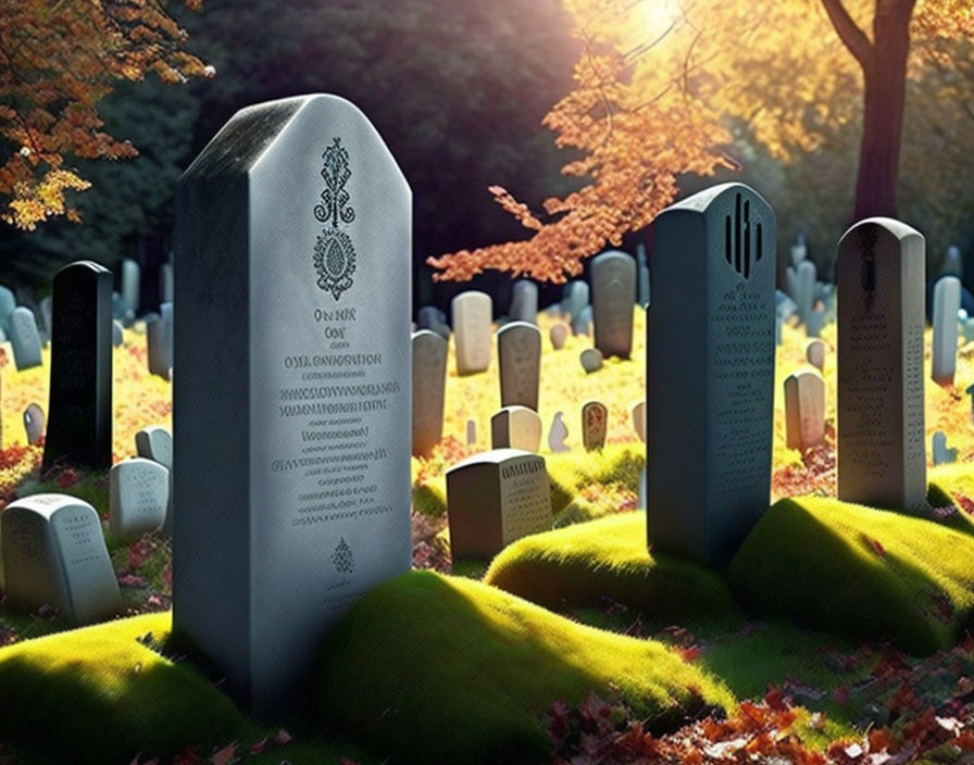 Sunset scene in cemetery with tombstones casting shadows on green grass under golden sunlight.