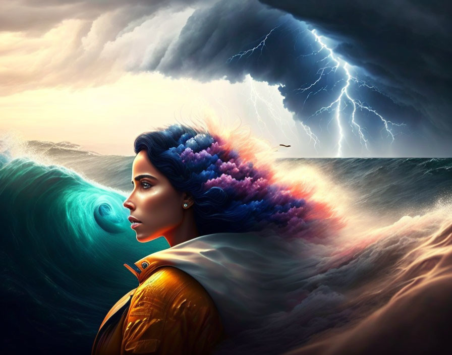 Surreal portrait of woman with stormy seascape and lightning sky symbolism