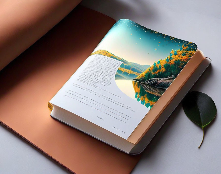 Illustrated landscape of serene river scene in open book spread