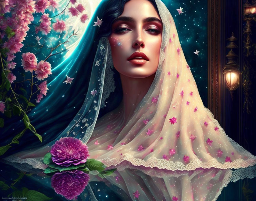 Illustrated portrait of woman in starry veil with vibrant flowers in dreamy setting