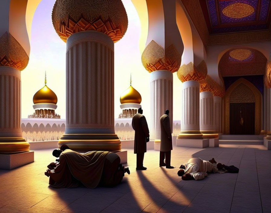 Grand ornate mosque with golden domes and elaborate columns at sunset