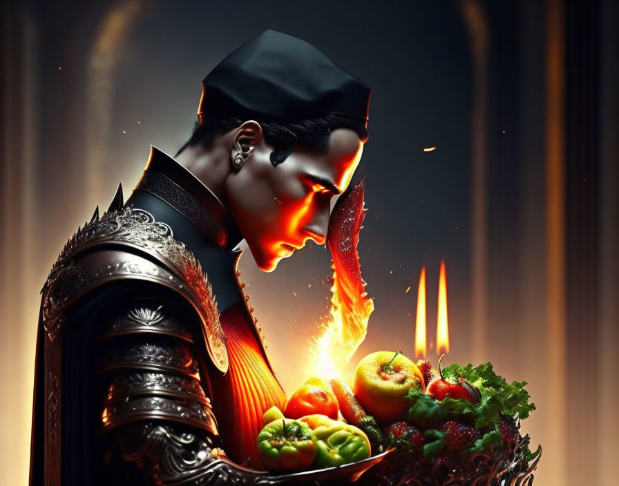 Dark Armored Figure Holding Bowl of Fruit and Vegetables with Glowing Red Eye