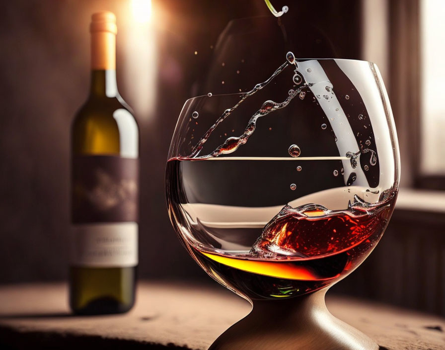 Red wine glass with dynamic splash, wine bottle, wooden surface, dimly lit background