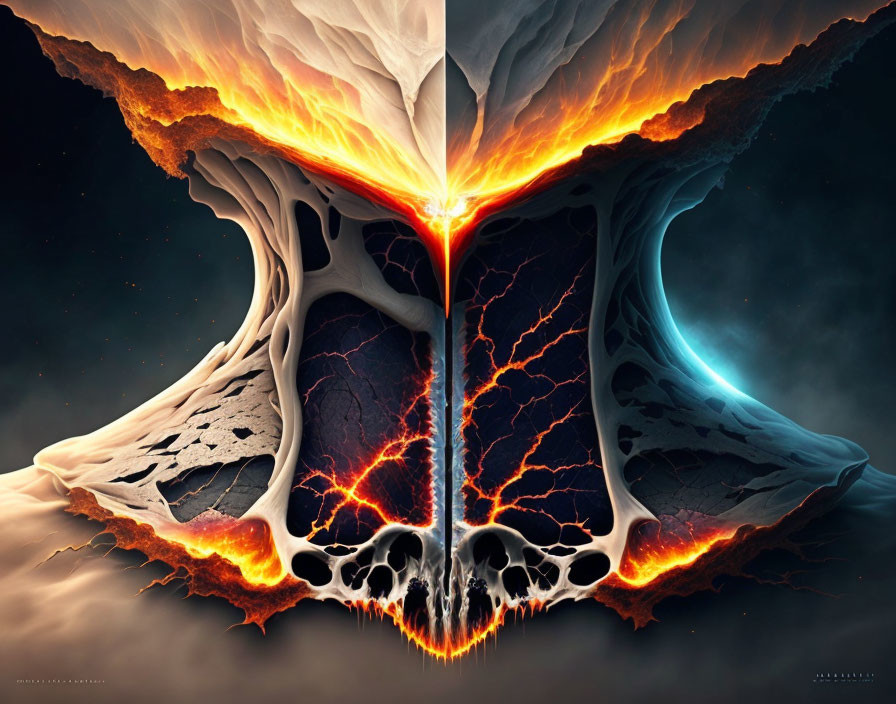 Symmetrical digital artwork: Warm and cool colors, fiery and ice motif, central glowing skull fissure